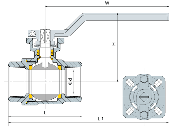 Кран шаровый муфтовый под привод нержавеющий (2PC), AISI304 DN 100 (4"), (CF8), PN16